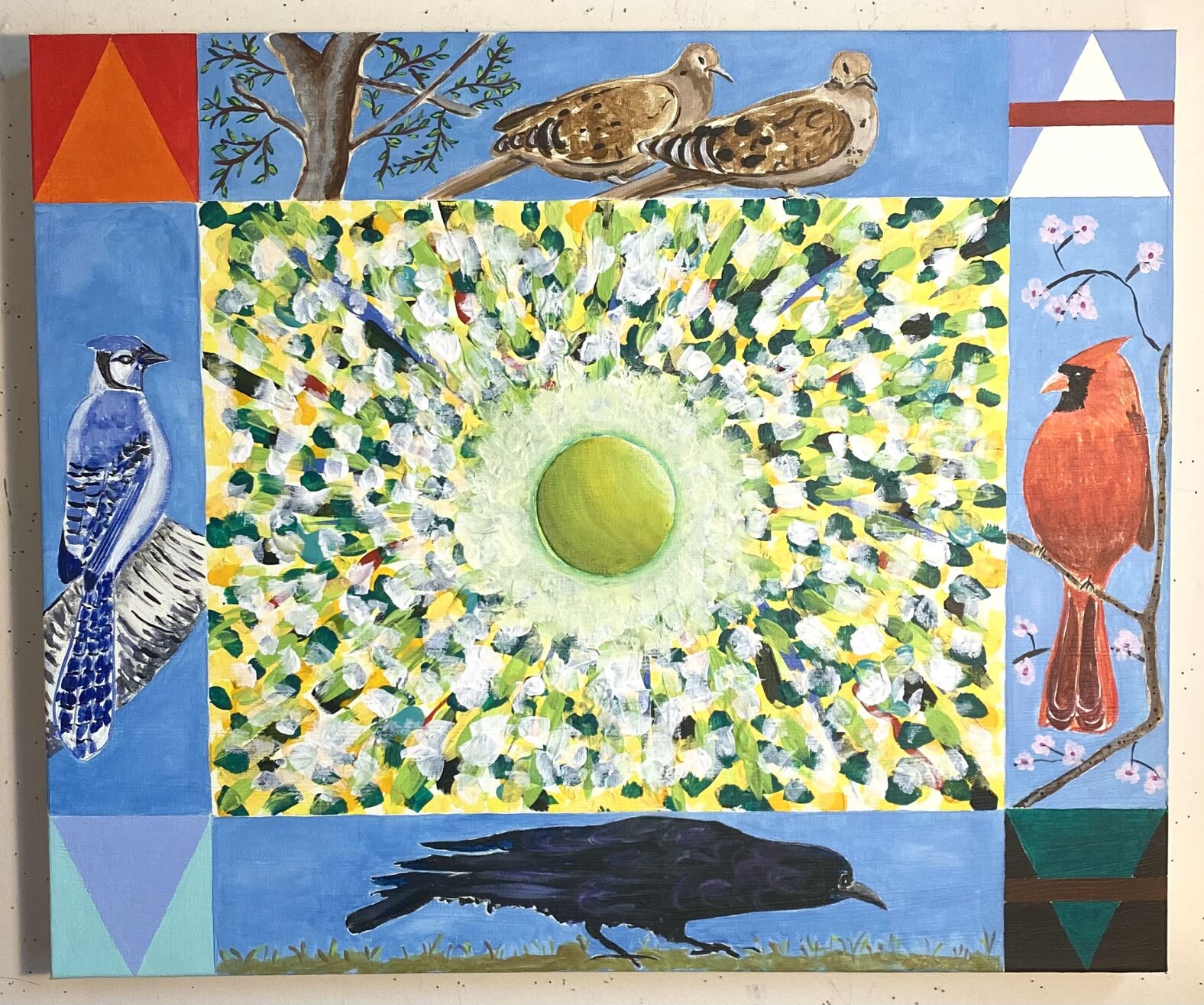 Painting with blue jay and cardinal